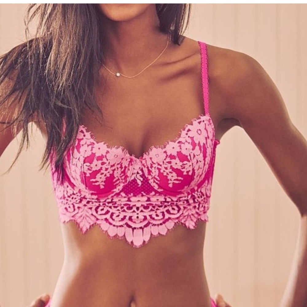 VICTORIA’S SECRET Dream Angels Eyelash Bra Floral Lace Long Line Demi Pink 36D - Picture 5 of 15